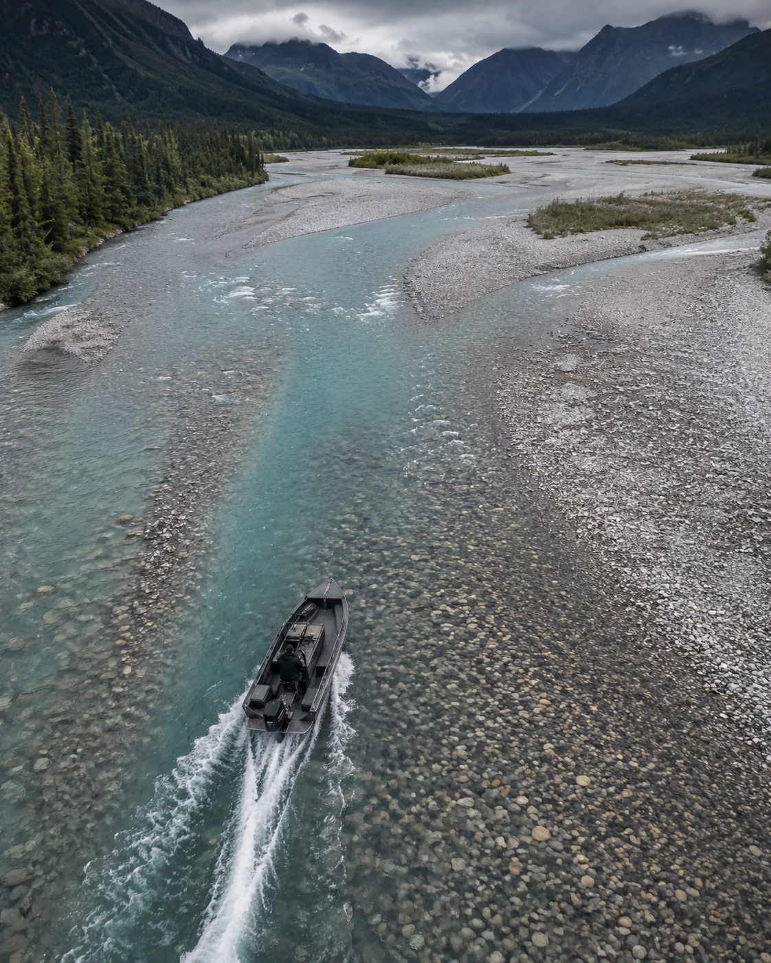 A small boat traveling through a braided shallow river beneath mountain peaks
